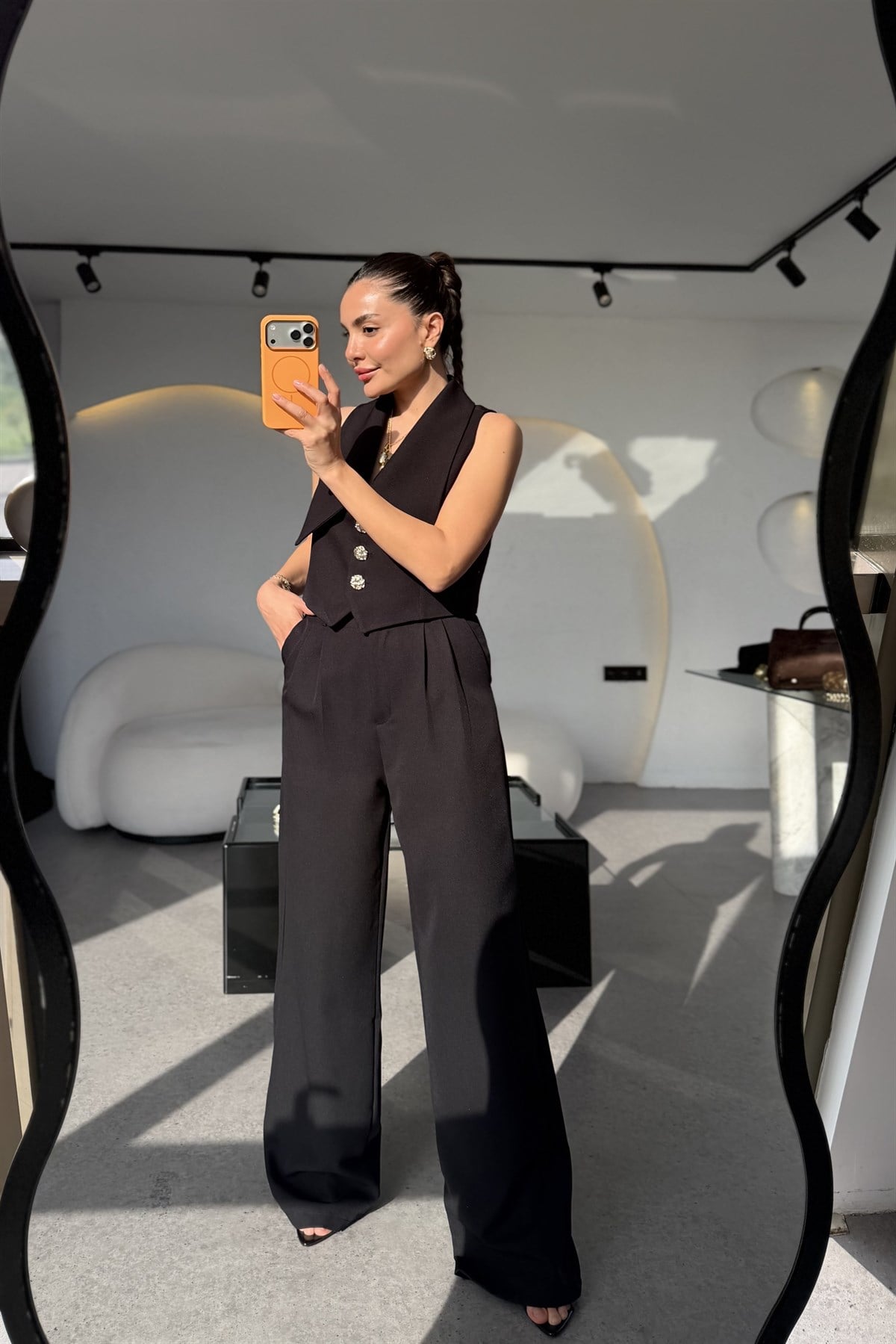 Jana Siyah Gold Düğmeli Yelek Pantolon Takım