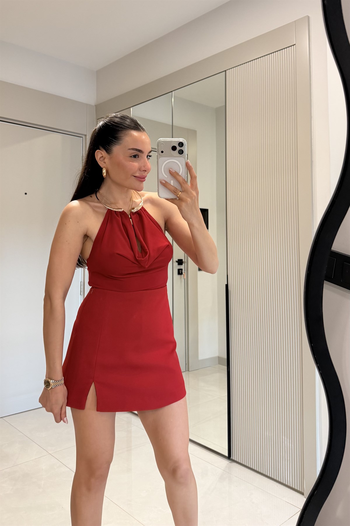 Janelle Kırmızı Yırtmaç Detay Şort Etek