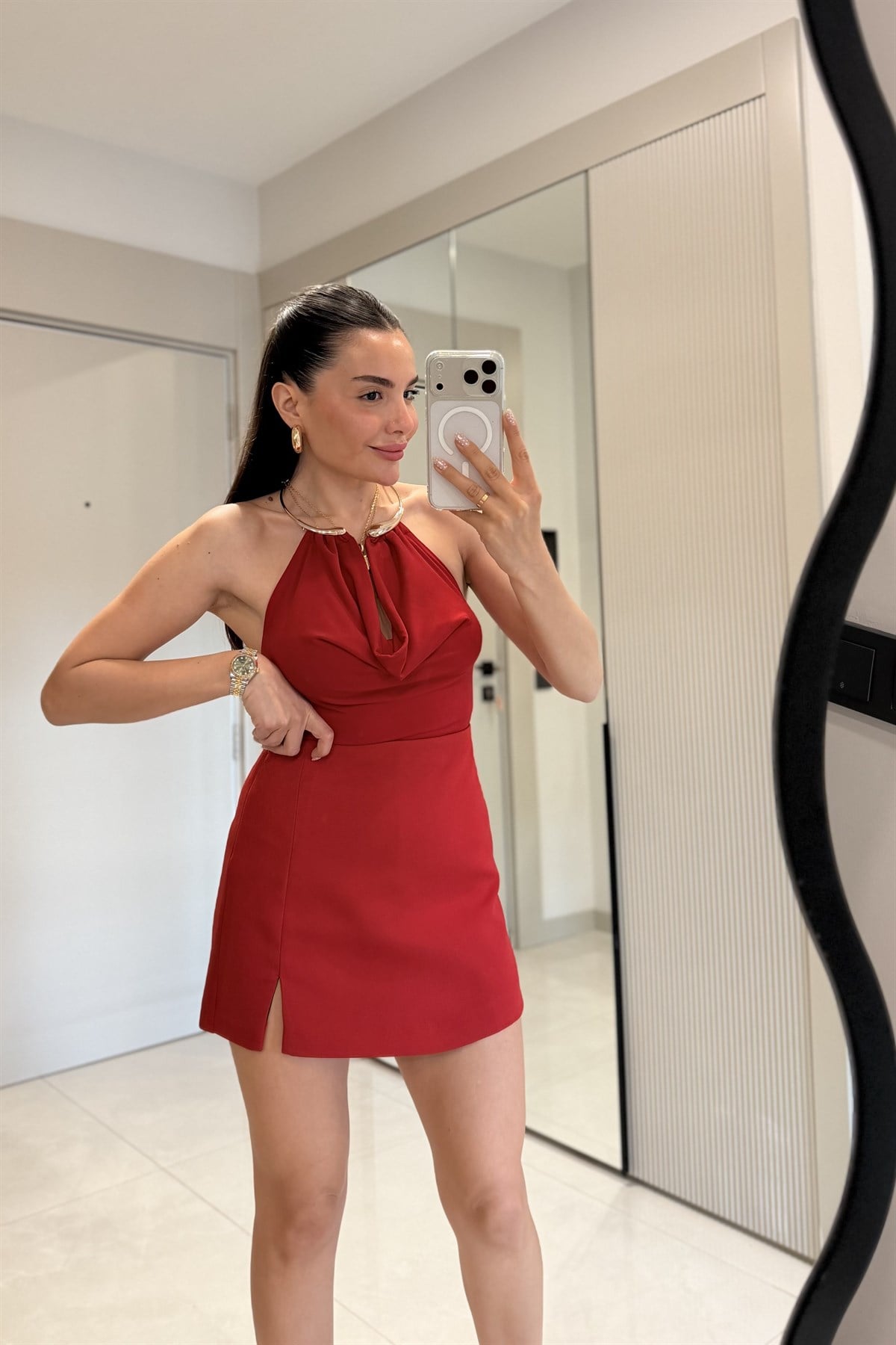 Janelle Kırmızı Yırtmaç Detay Şort Etek