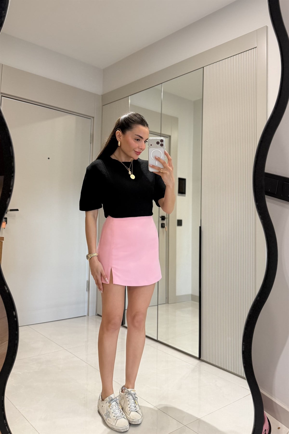 Janelle Pembe Yırtmaç Detay Şort Etek