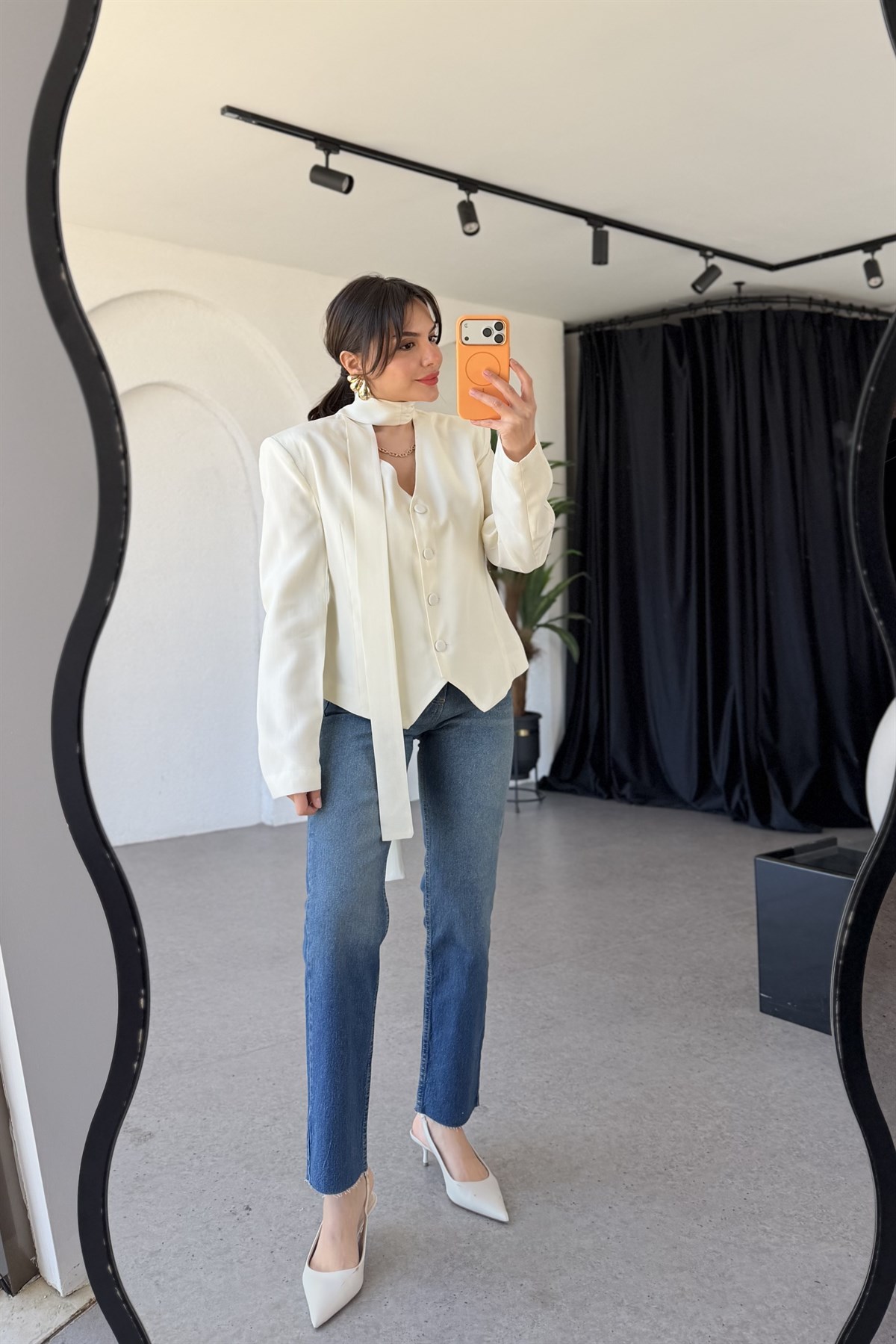 Janely Krem Şallı Blazer Ceket