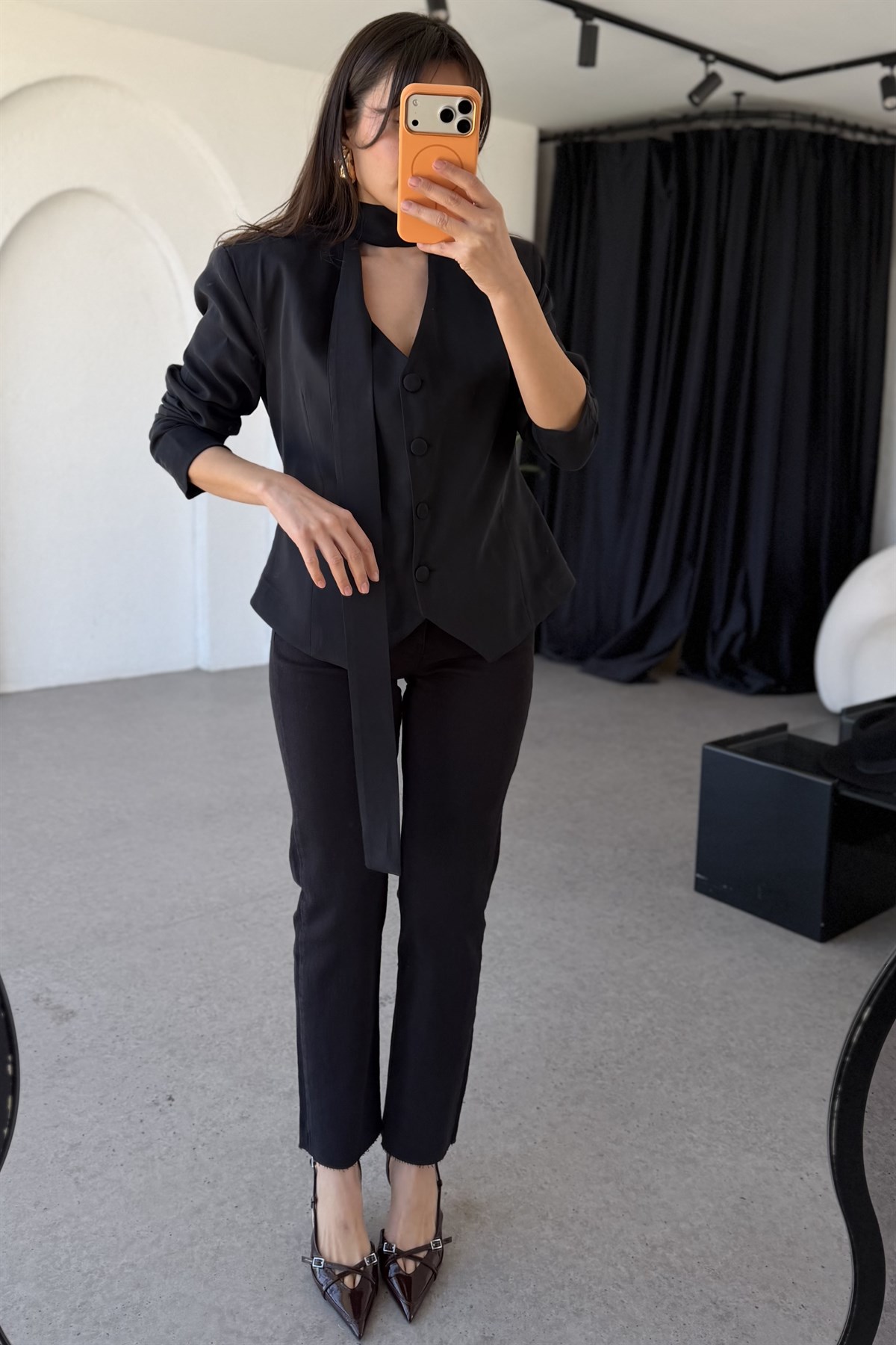 Janely Siyah Şallı Blazer Ceket