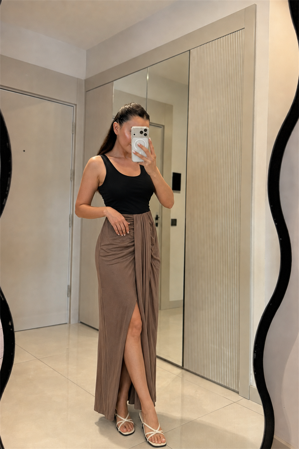 Janna Camel Modal Büzgülü Etek