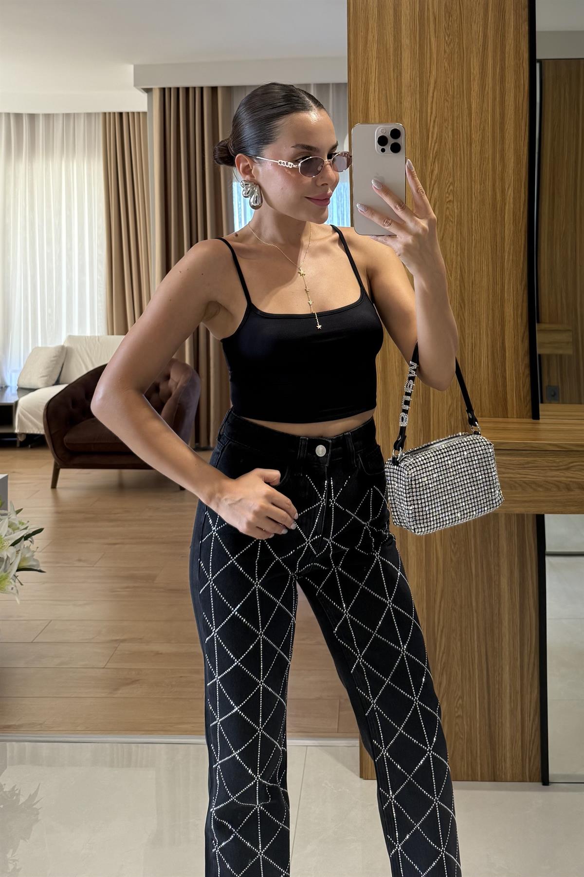 Jannıka  İp Askı Siyah Crop 