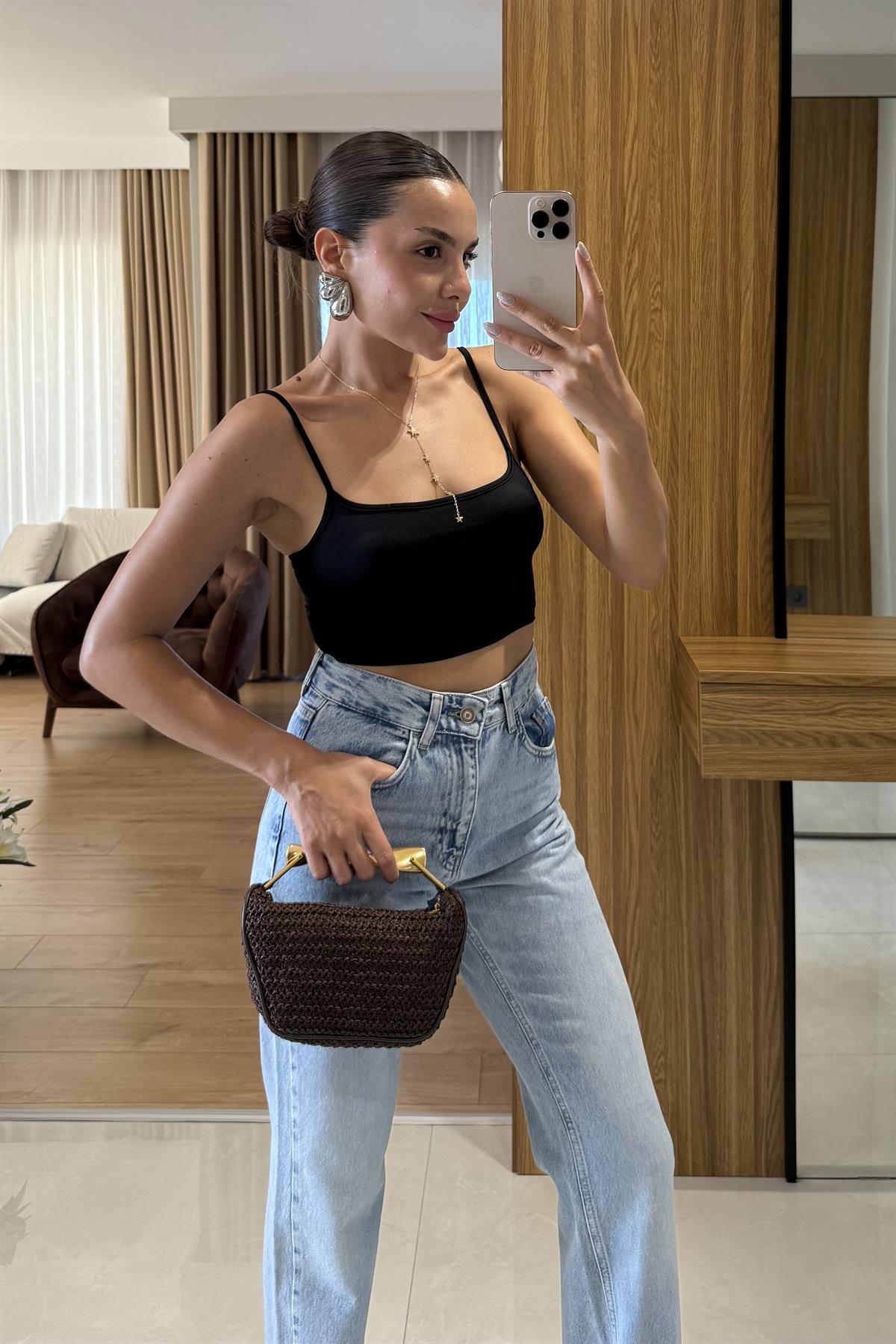 Jannıka  İp Askı Siyah Crop 