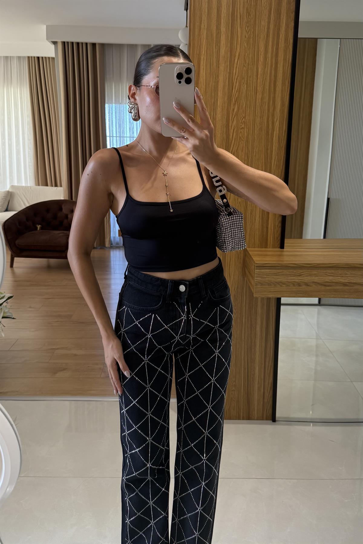 Jannıka  İp Askı Siyah Crop 