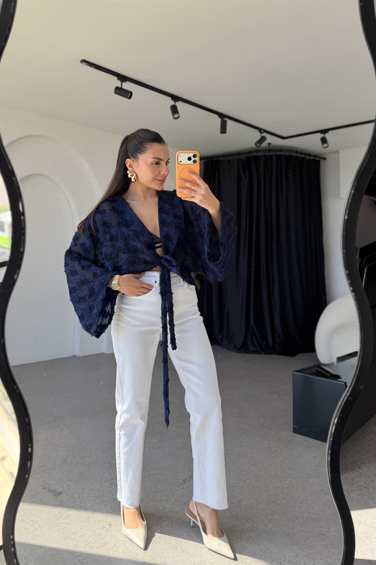 Janus Lacivert Dokulu Bağlamalı Kimono 