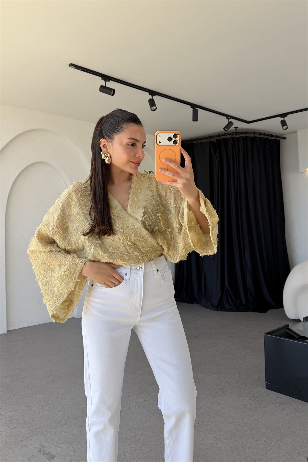 Janus Yağ Yeşili Dokulu Bağlamalı Kimono 