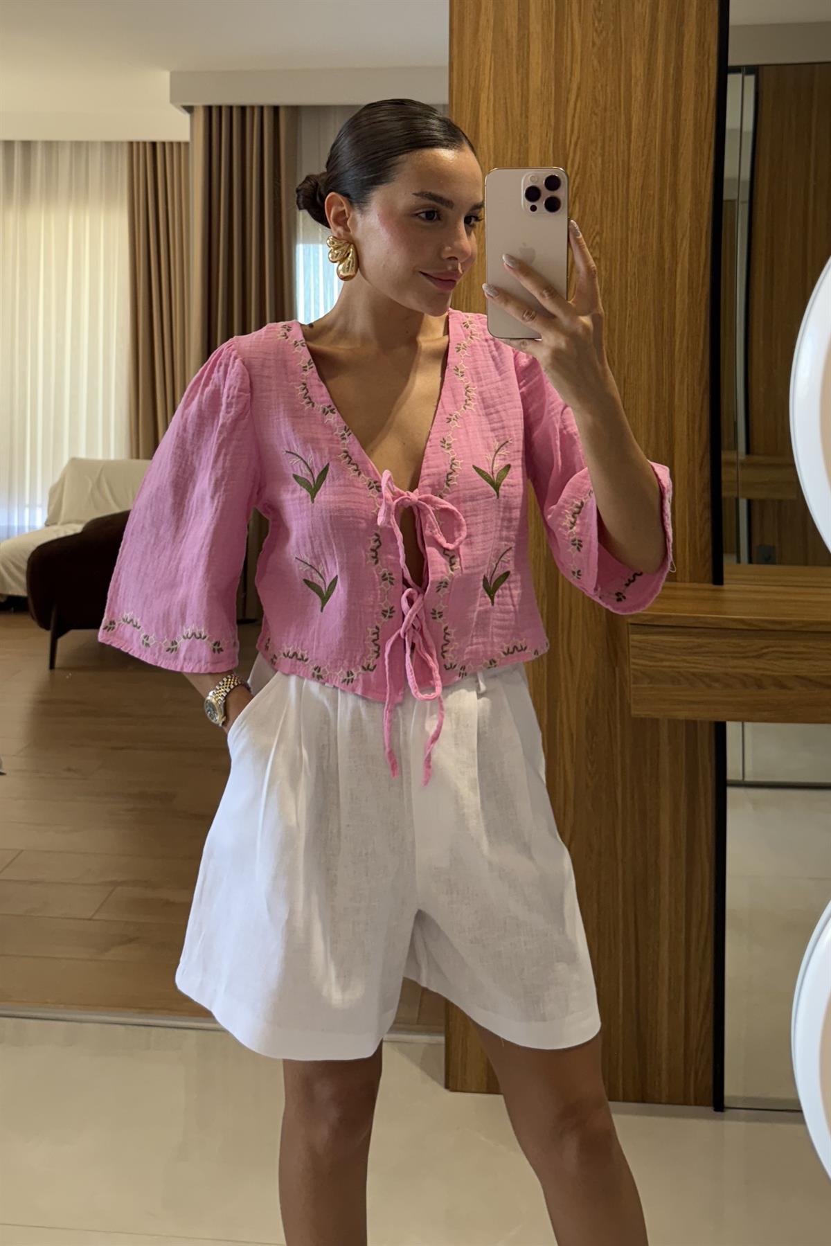 Jared Pembe Nakışlı Müslin Gömlek 