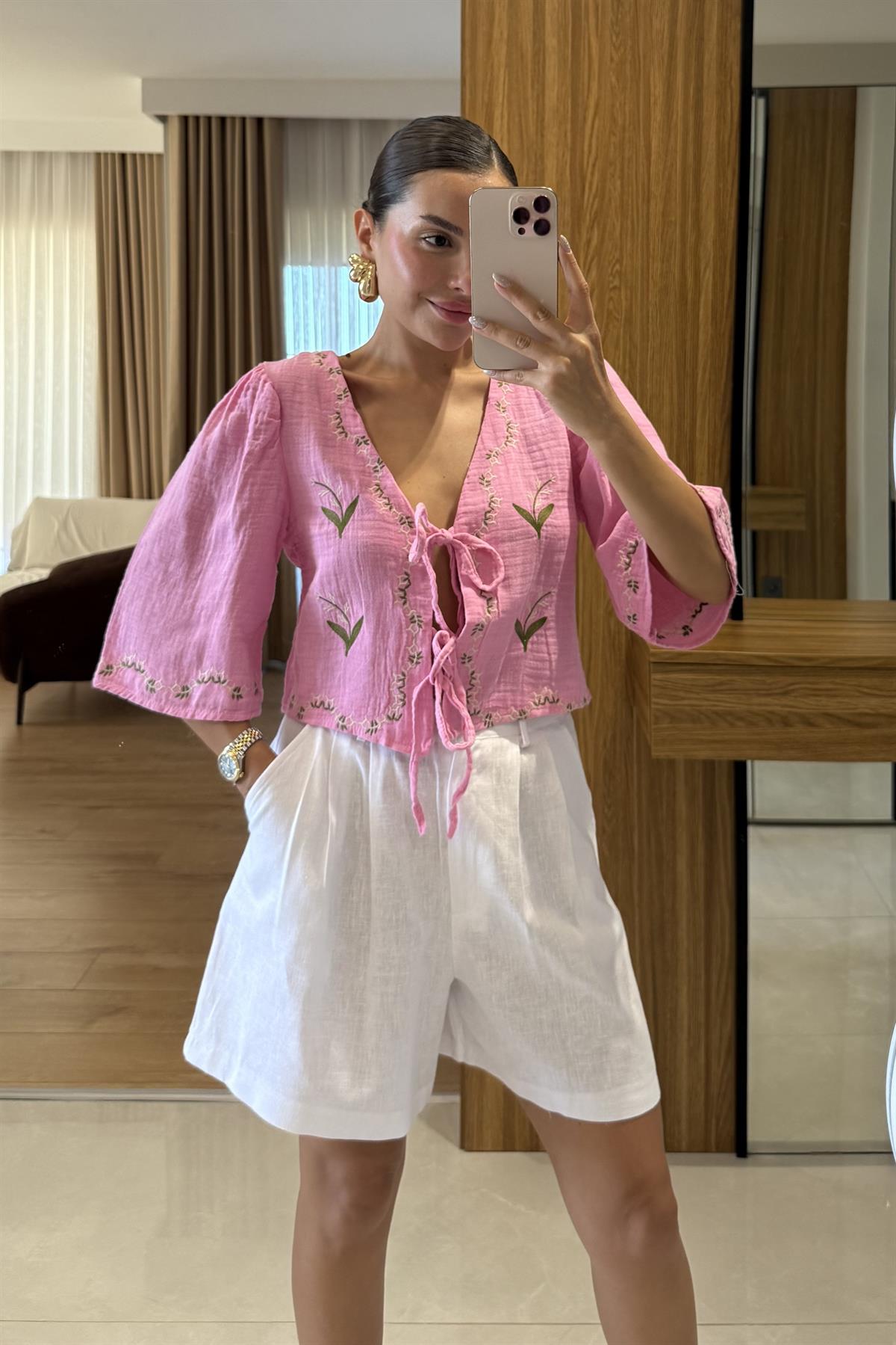 Jared Pembe Nakışlı Müslin Gömlek 