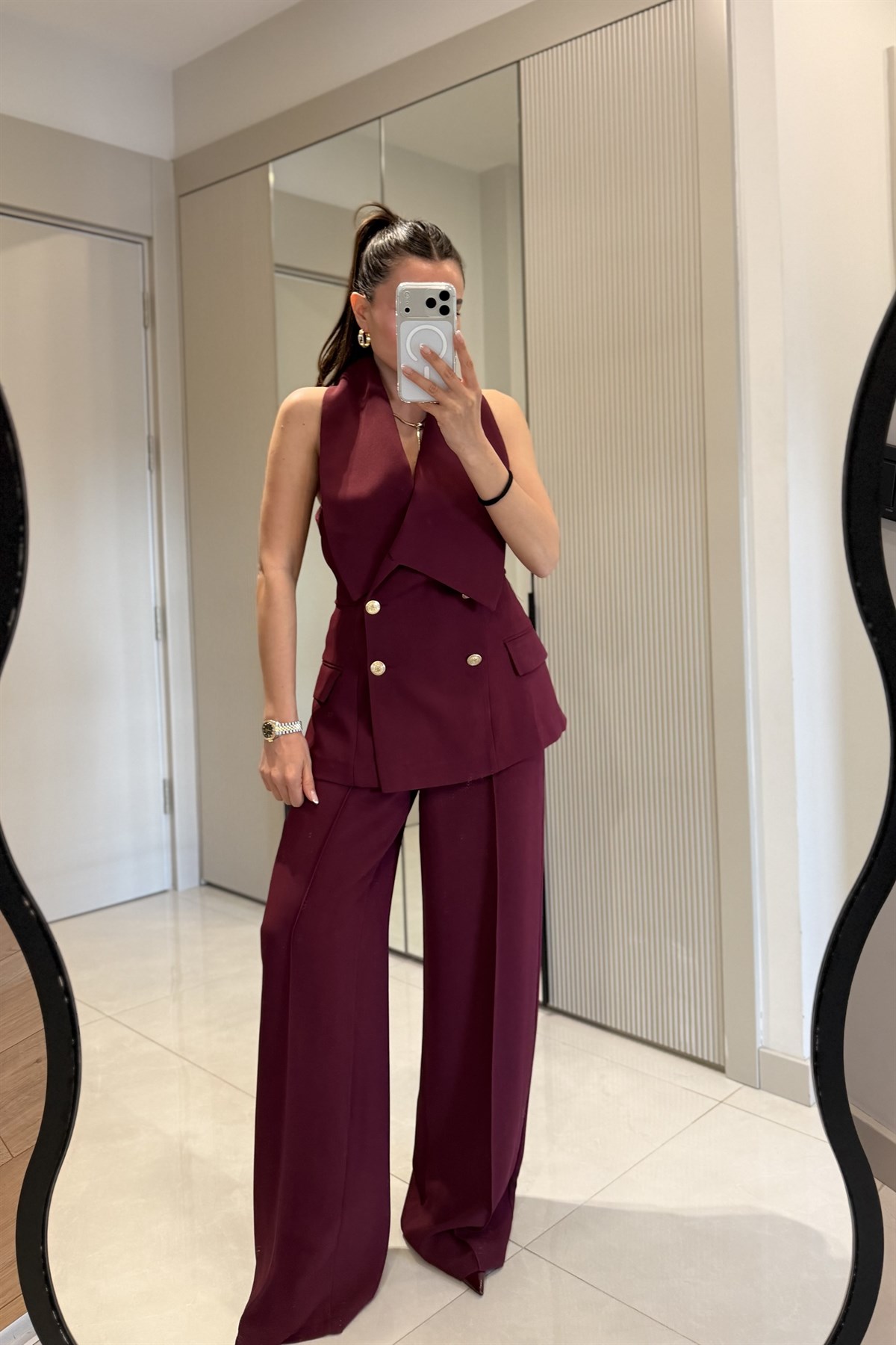 Jasmine Bordo Premium Yelekli Şık Takım