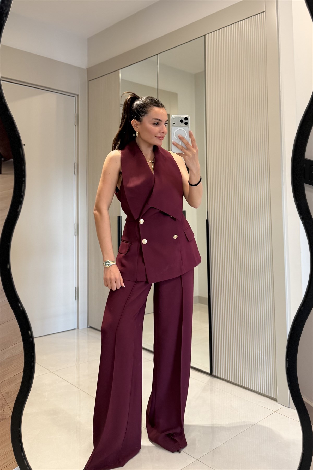 Jasmine Bordo Premium Yelekli Şık Takım