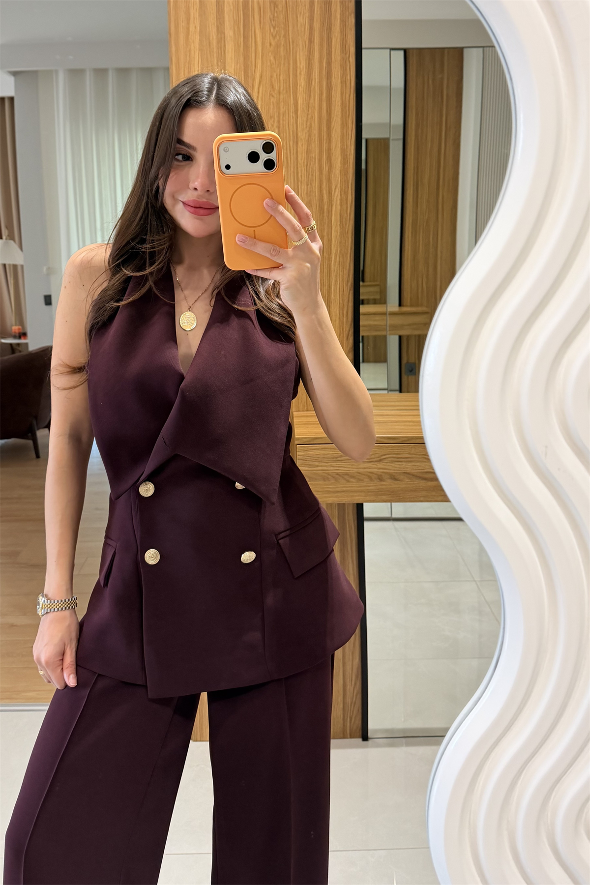 Jasmine Mürdüm Premium Yelekli Şık Takım