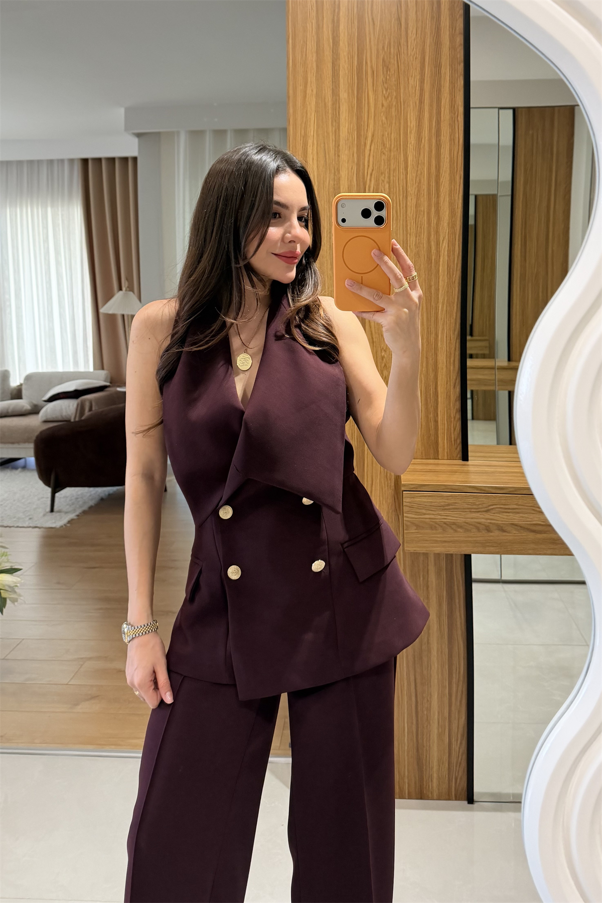 Jasmine Mürdüm Premium Yelekli Şık Takım