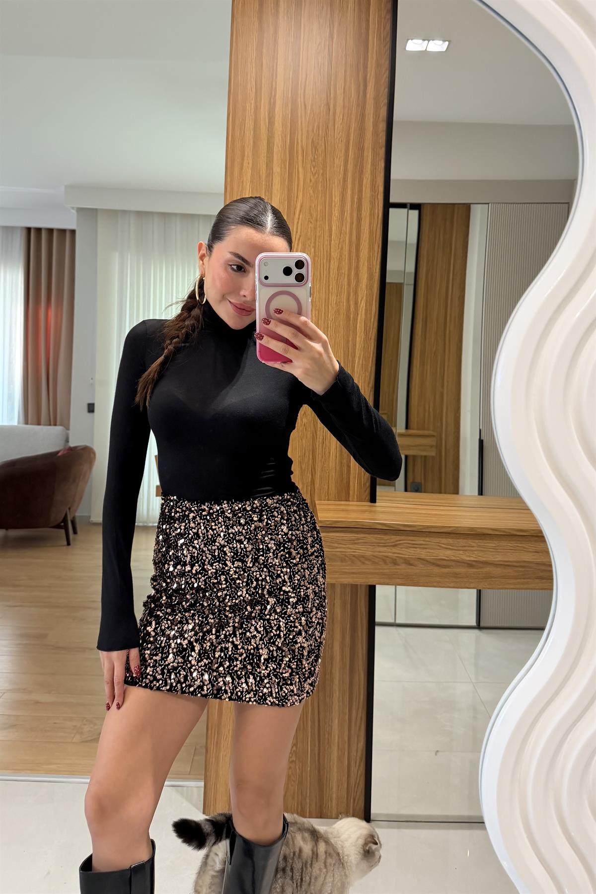 Jena Bronz Mini Payet Etek