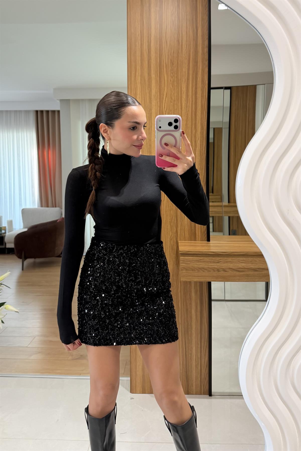 Jena Siyah Mini Payet Etek