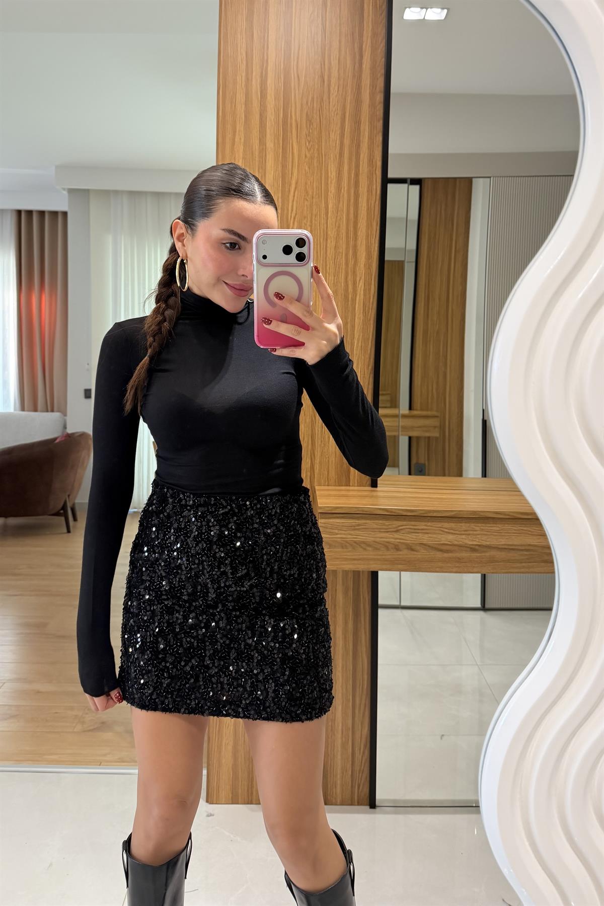 Jena Siyah Mini Payet Etek