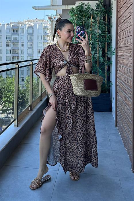 Jenner Desenli Bağlamalı Bluz Etek Takım