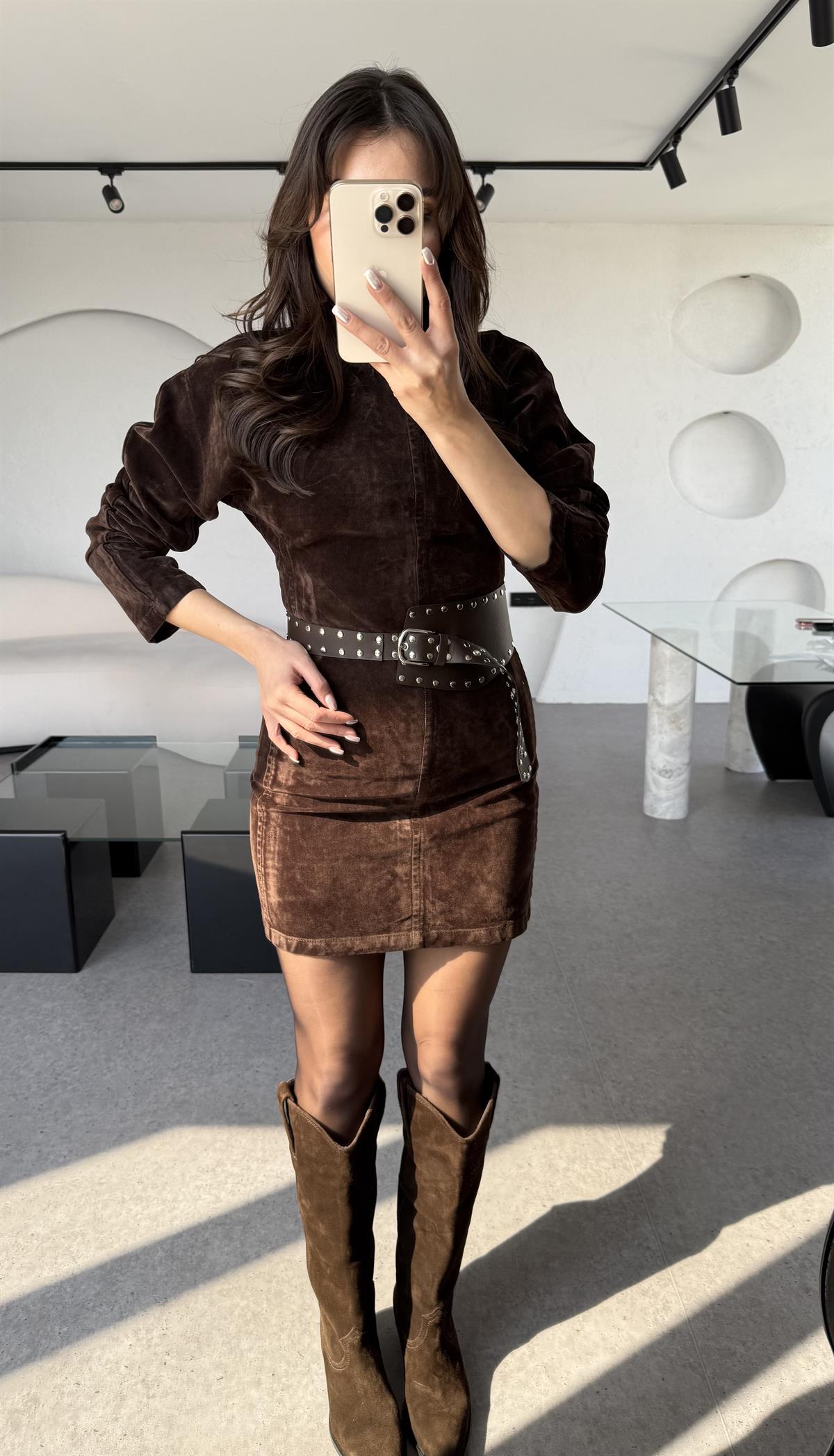 Jennifer Acı Kahve Bisiklet Yaka Denim Elbise