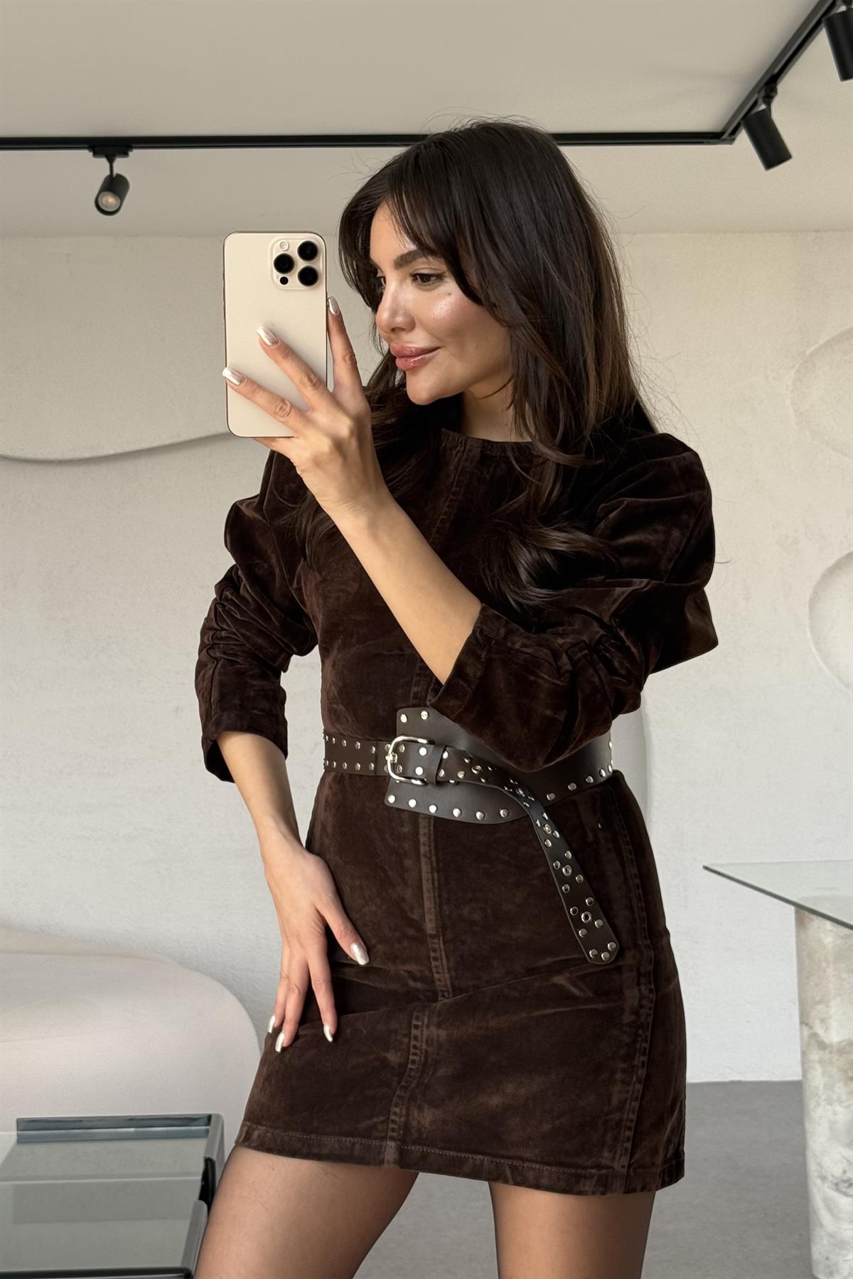 Jennifer Acı Kahve Bisiklet Yaka Denim Elbise