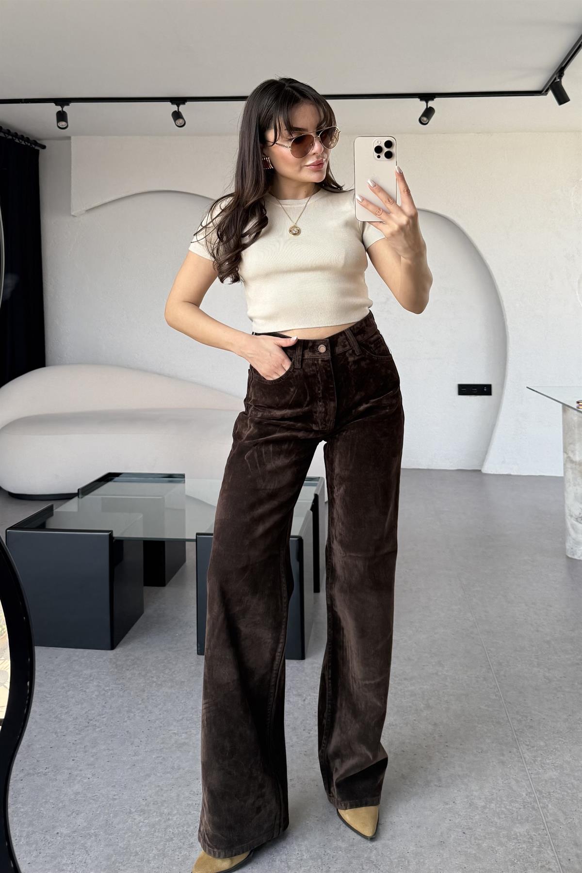 Jennifer Acı Kahve Denim Straight Floklu Pantolon