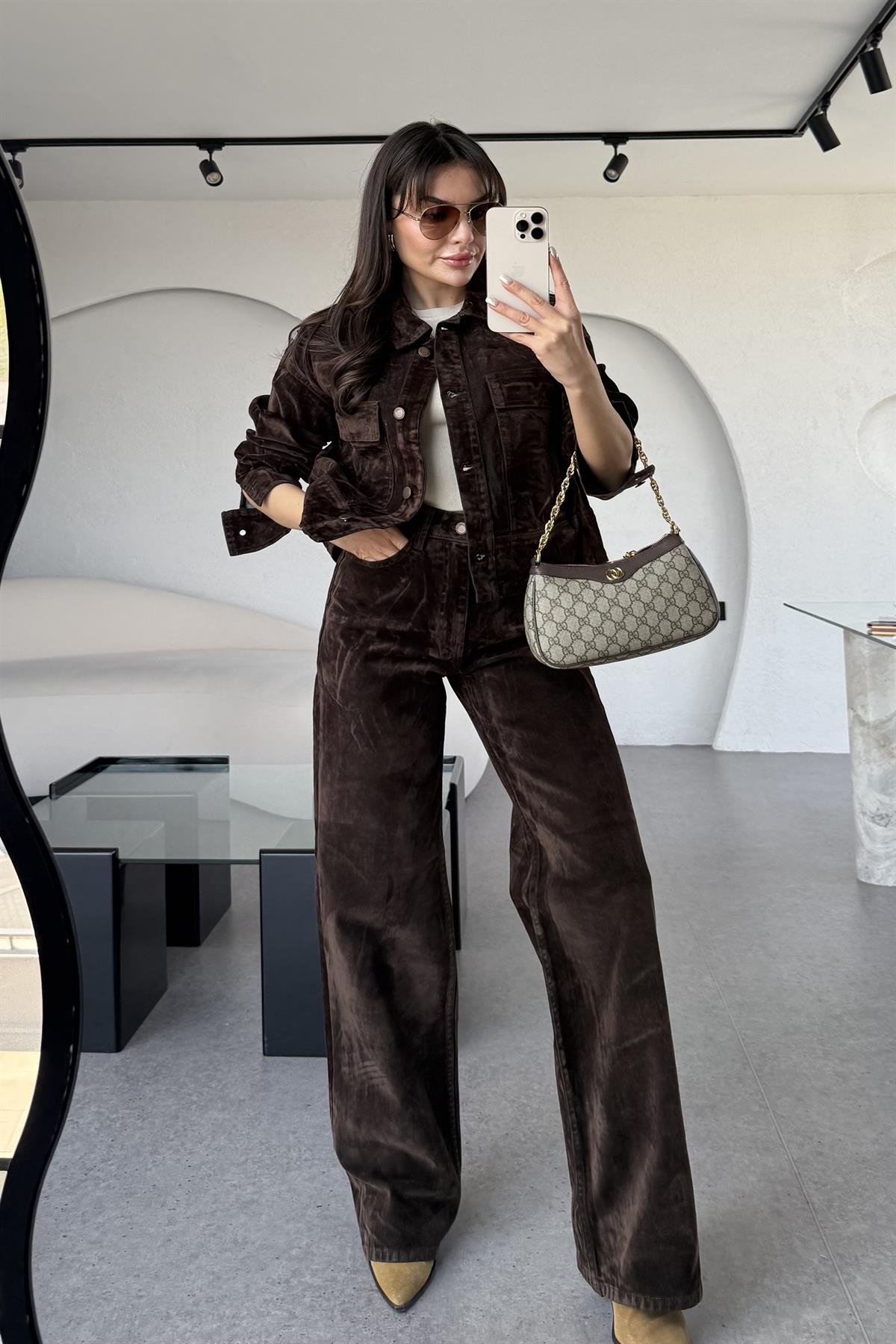 Jennifer Acı Kahve Denim Straight Floklu Pantolon