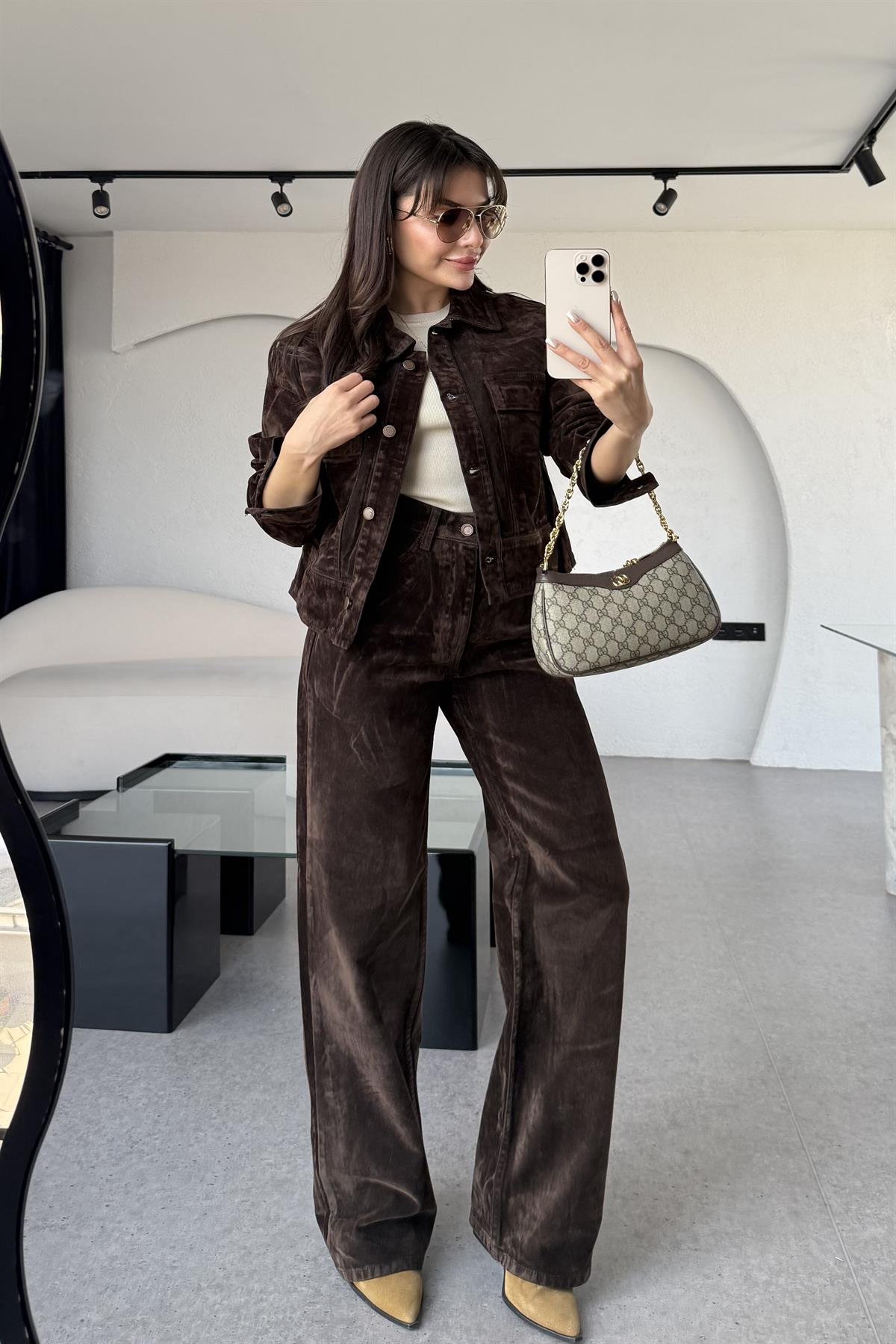 Jennifer Acı Kahve Denim Straight Floklu Pantolon