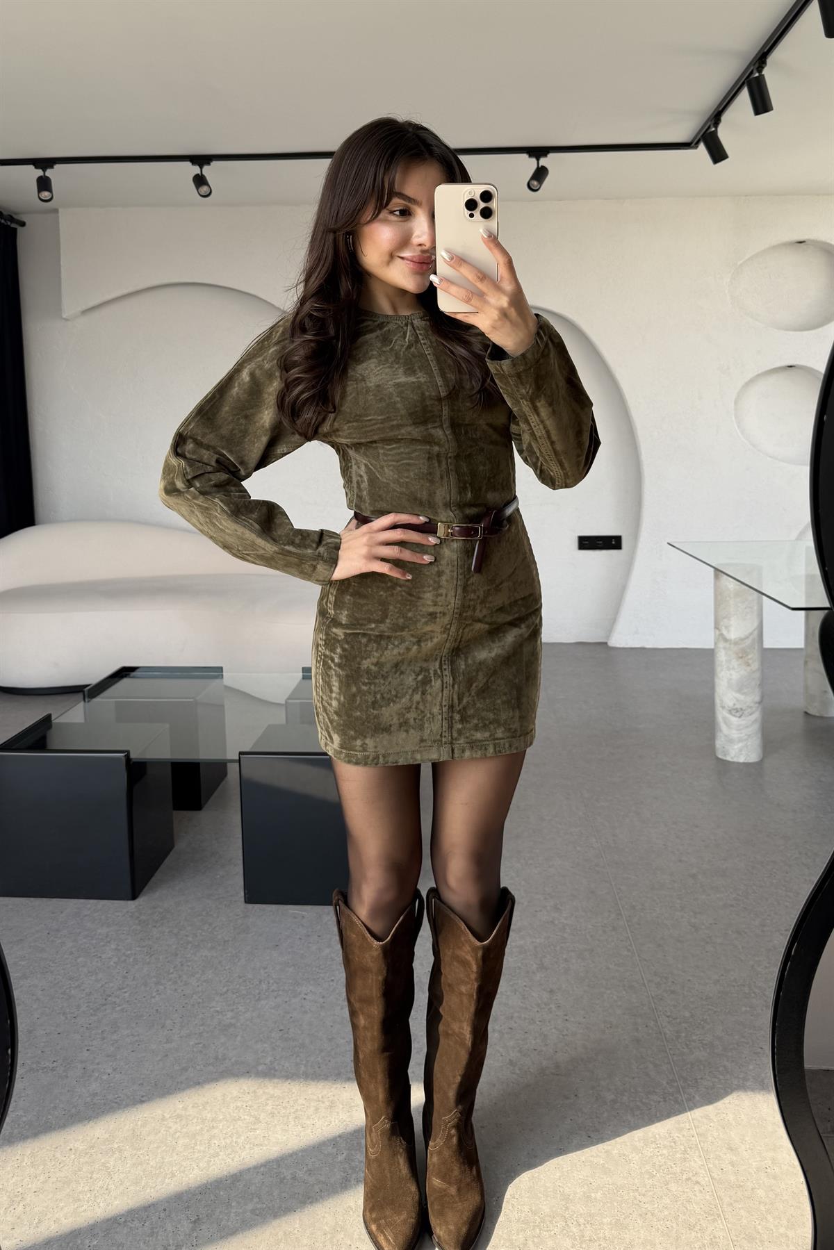 Jennifer Haki Bisiklet Yaka Denim Elbise