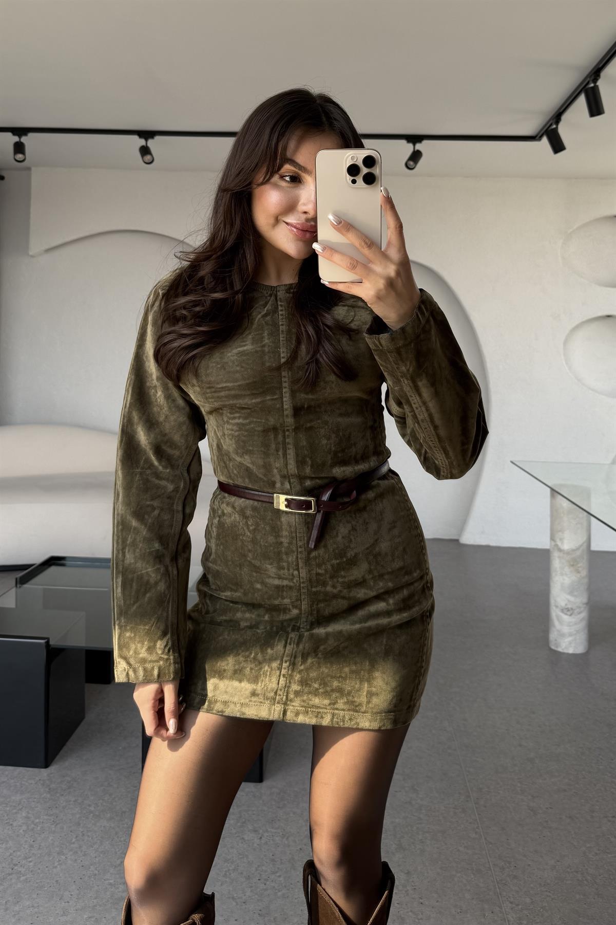 Jennifer Haki Bisiklet Yaka Denim Elbise