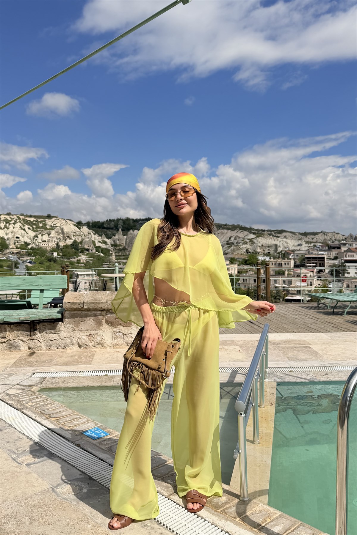Jennifer Yeşil Pelerinli Şifon Takım