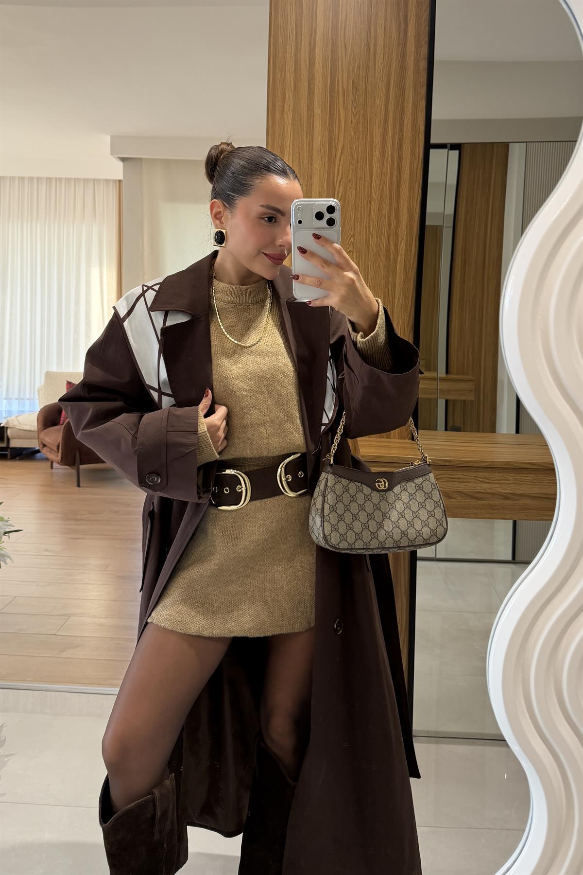 Jenny Acı Kahve Fular Detaylı Trenç