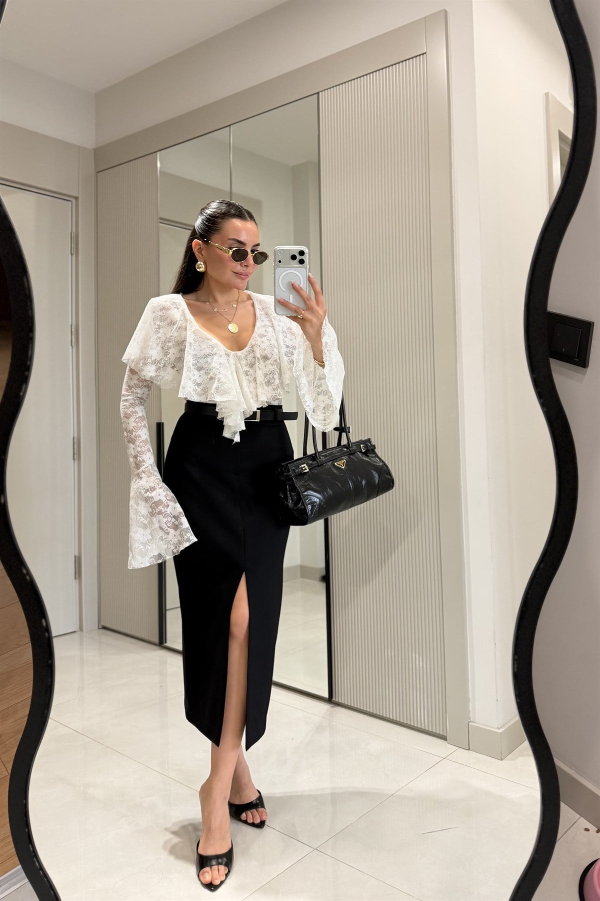 Jeno Siyah Önden Yırtmaçlı Kemerli Etek