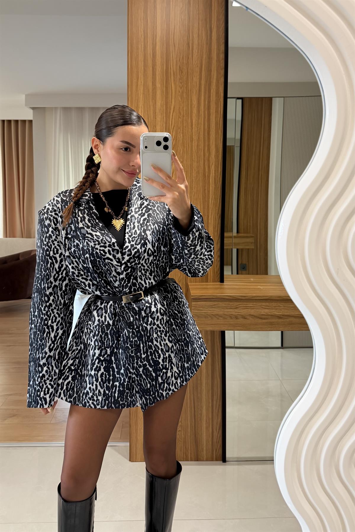 Jesica Gri Leopar Saten Blazer