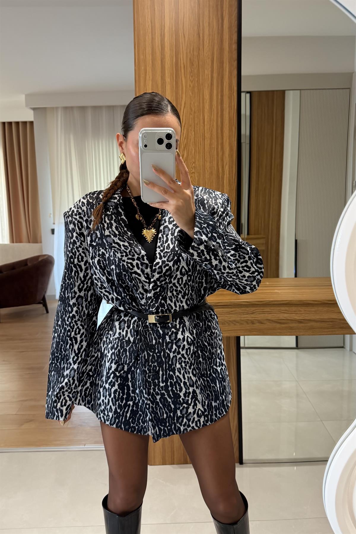 Jesica Gri Leopar Saten Blazer