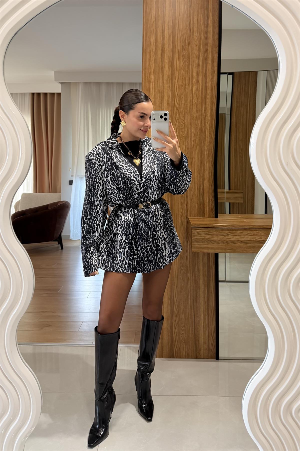 Jesica Gri Leopar Saten Blazer