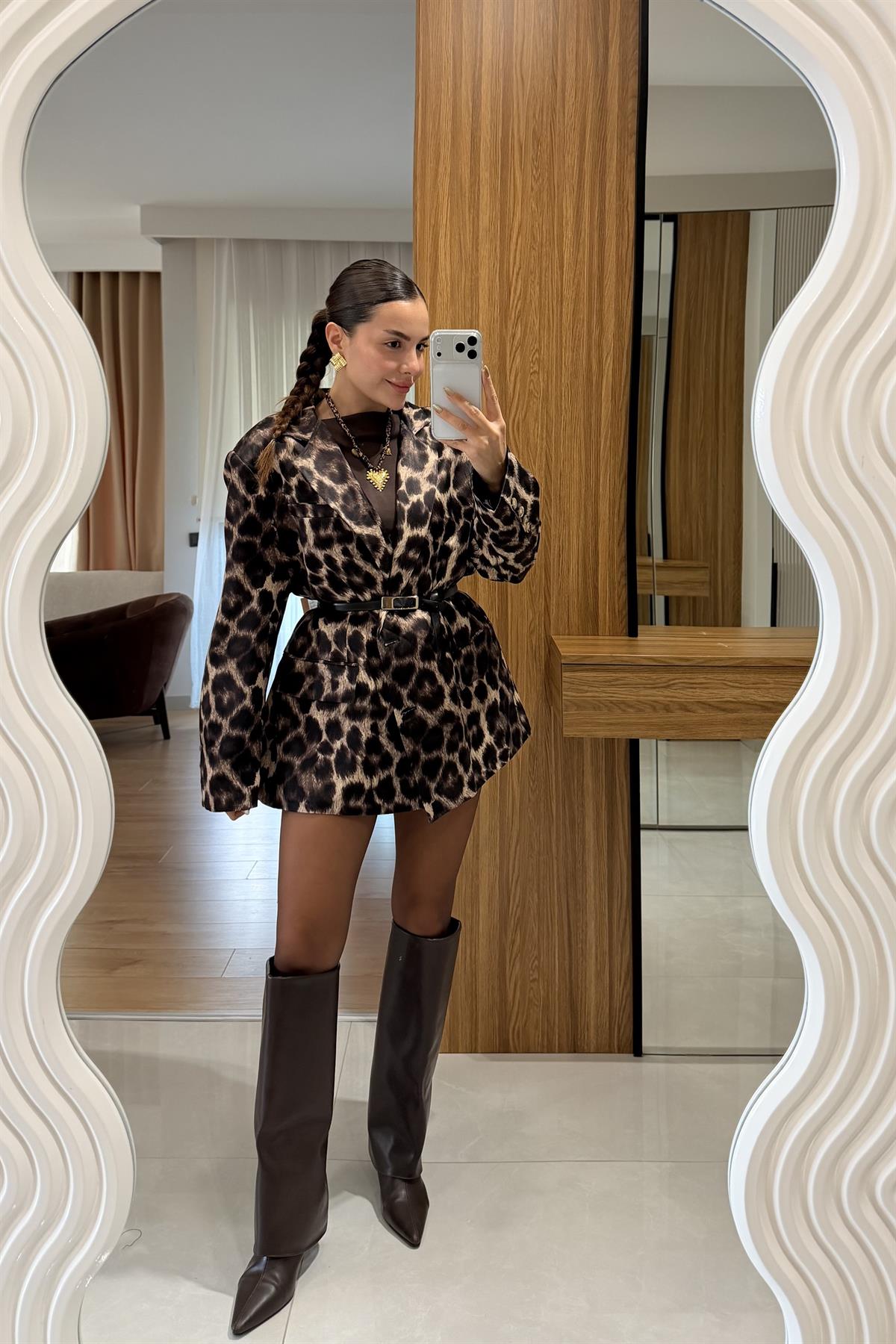 Jesica Kahve Leopar Saten Blazer