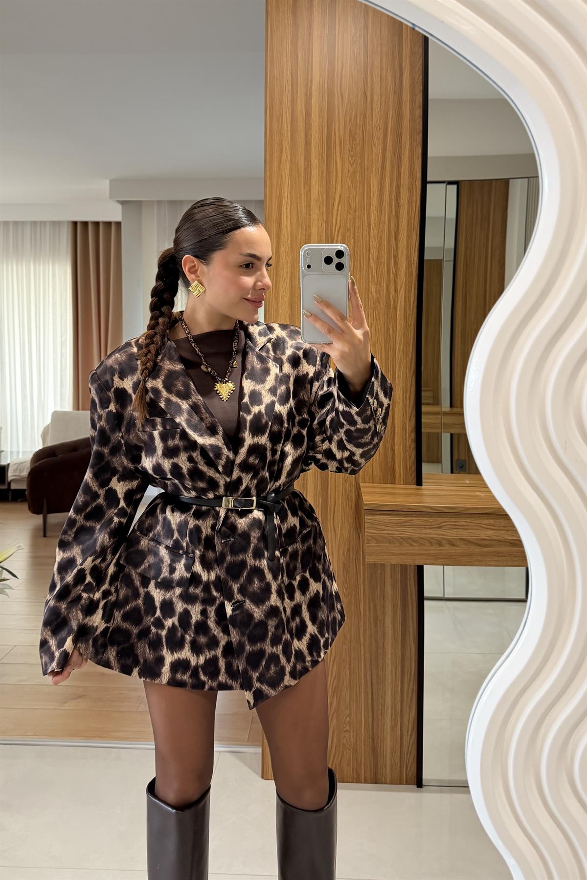 Jesica Kahve Leopar Saten Blazer