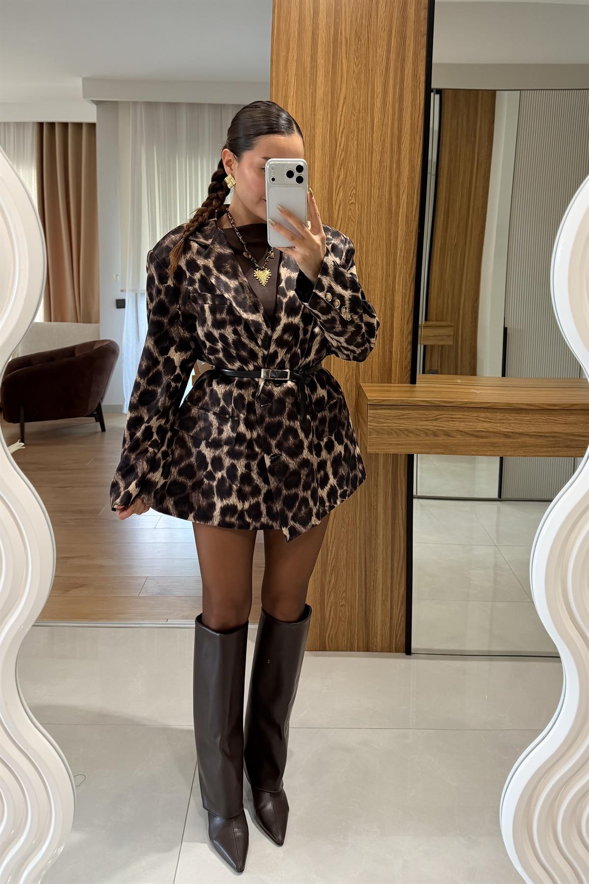 Jesica Kahve Leopar Saten Blazer