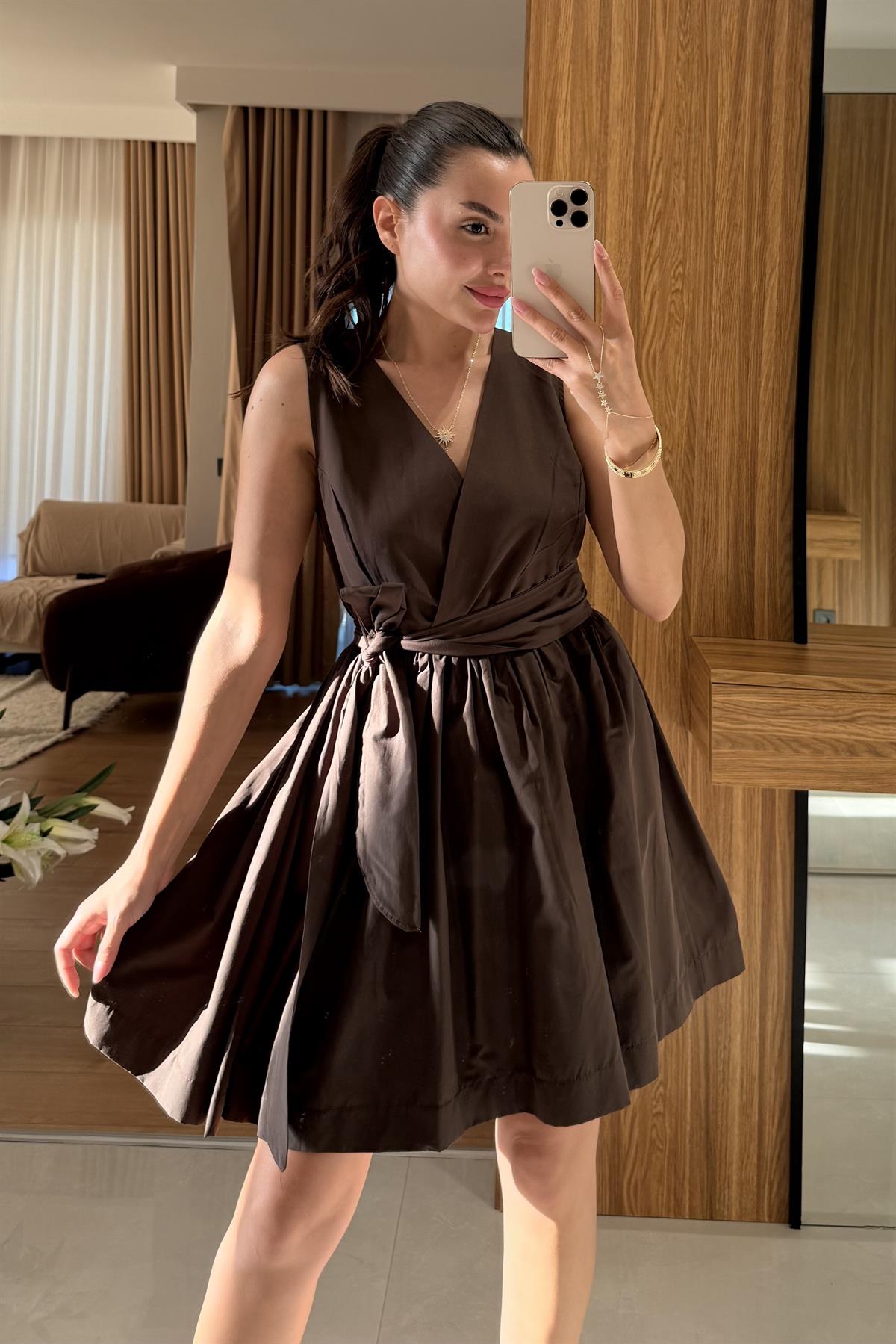 Joi Kahve Kuşaklı Poplin Elbise