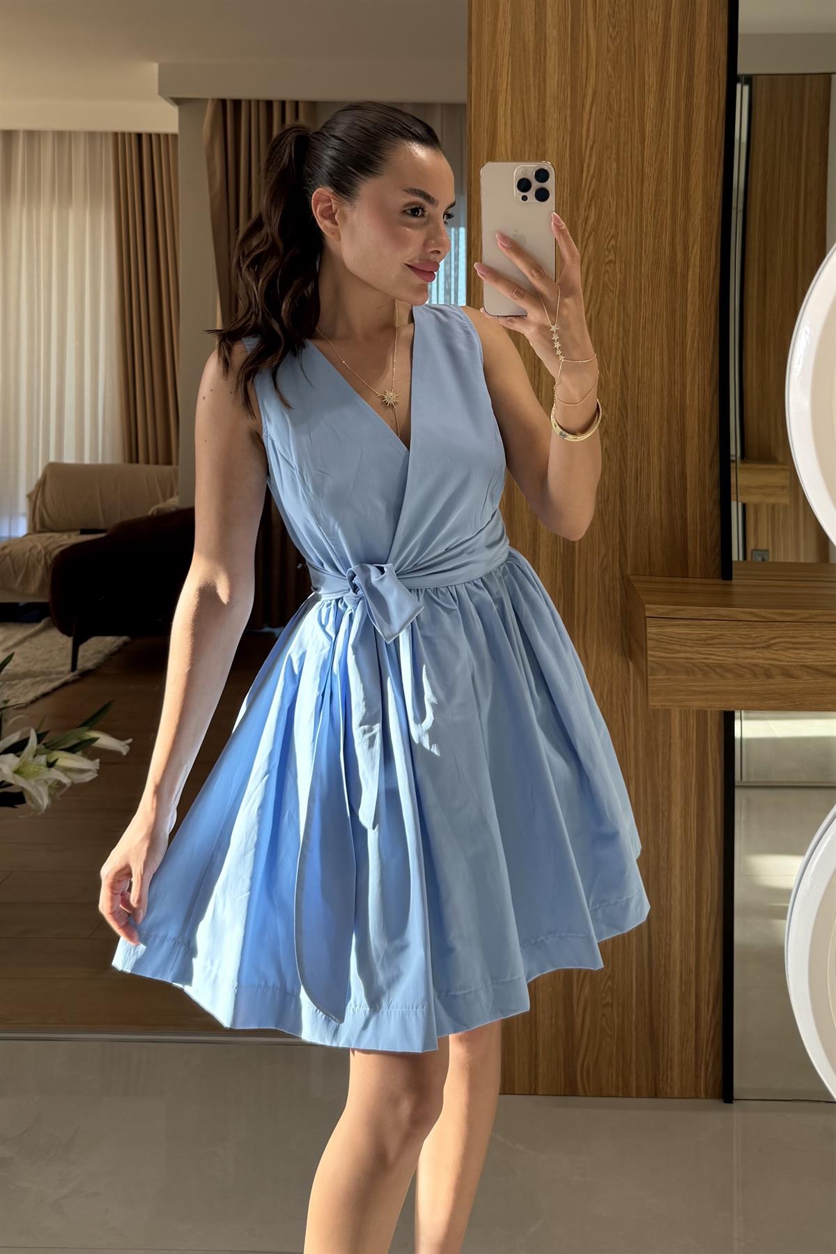 Joi Mavi Kuşaklı Poplin Elbise