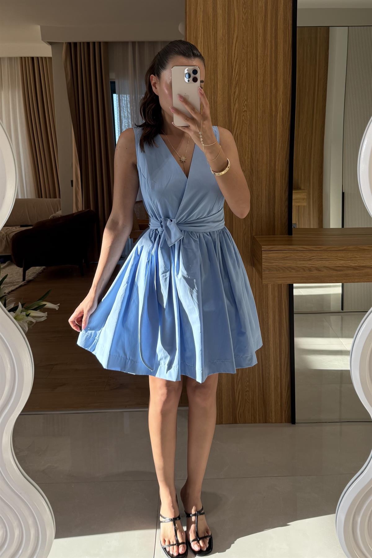 Joi Mavi Kuşaklı Poplin Elbise