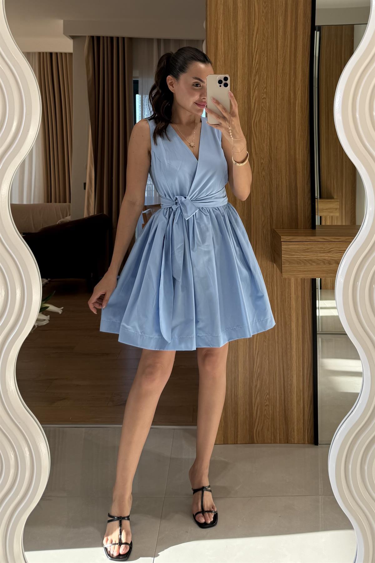 Joi Mavi Kuşaklı Poplin Elbise