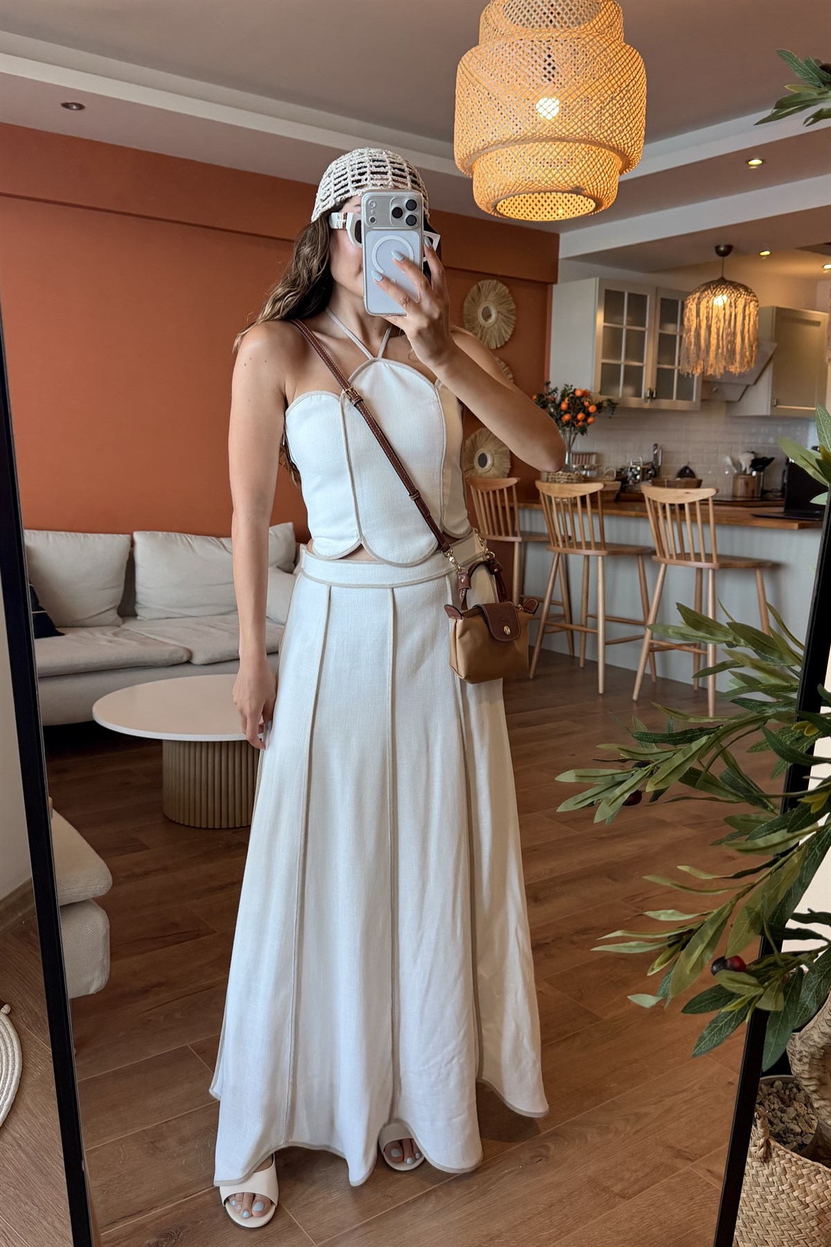 Jolie Ekru Biye Detaylı Premium Keten Takım