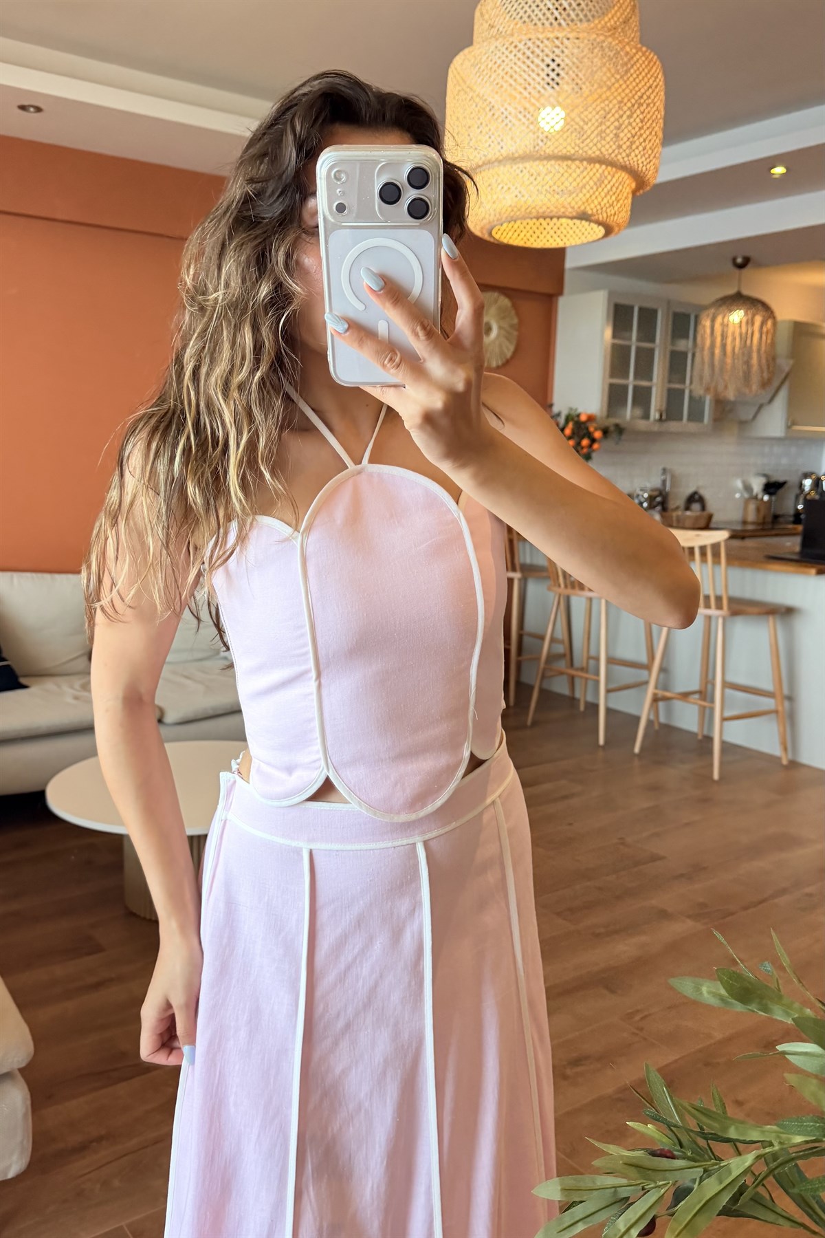 Jolie Pembe Biye Detaylı Premium Keten Takım