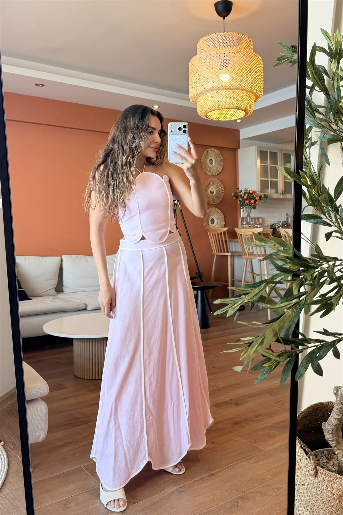 Jolie Pembe Biye Detaylı Premium Keten Takım