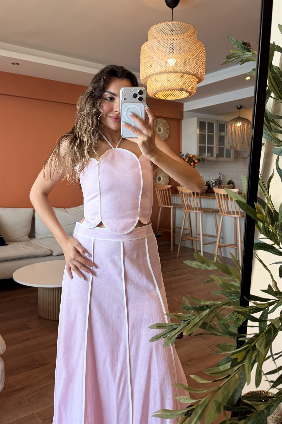 Jolie Pembe Biye Detaylı Premium Keten Takım