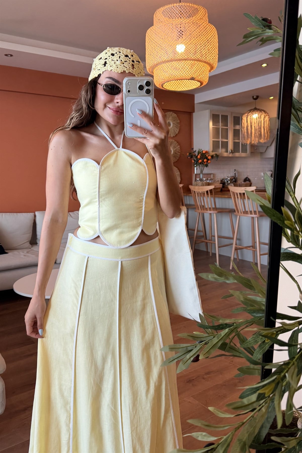 Jolie Sarı Biye Detaylı Premium Keten Takım