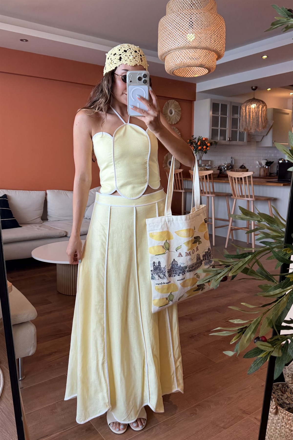 Jolie Sarı Biye Detaylı Premium Keten Takım