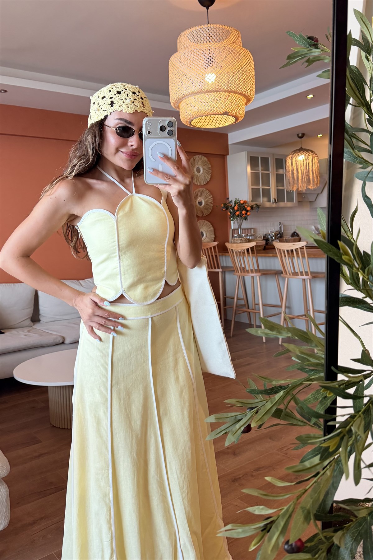 Jolie Sarı Biye Detaylı Premium Keten Takım