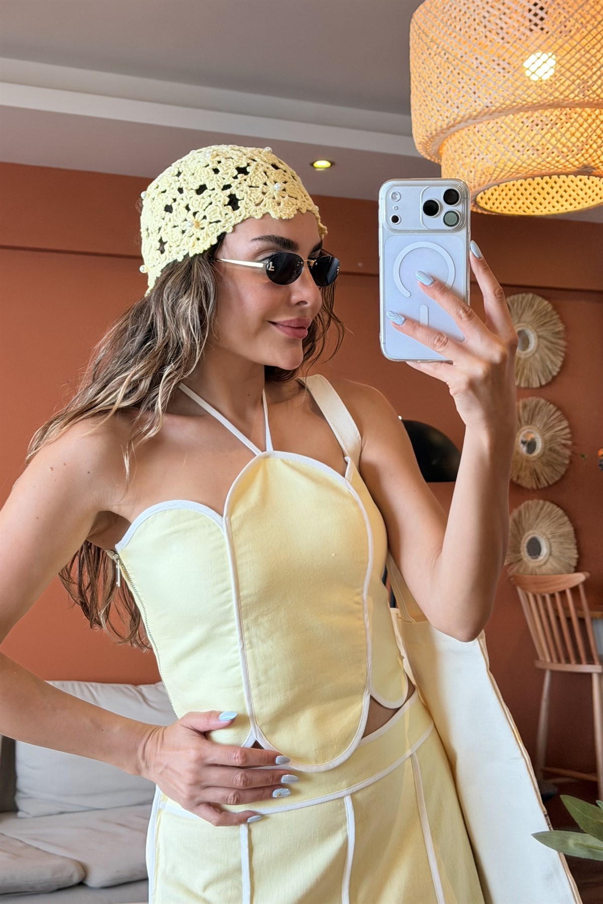 Jolie Sarı Biye Detaylı Premium Keten Takım